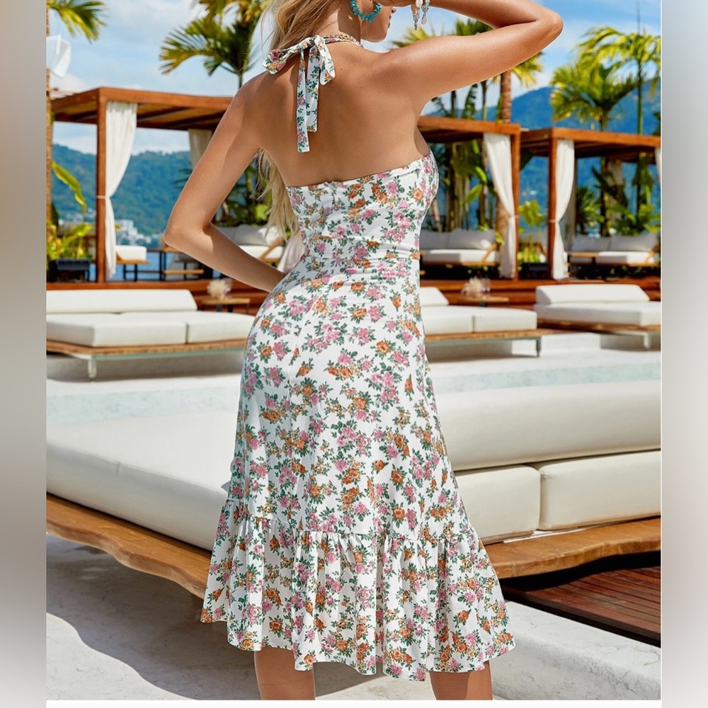 Boho Floral Print Ruffle Hem Halter Dress* - Picture 3 of 10